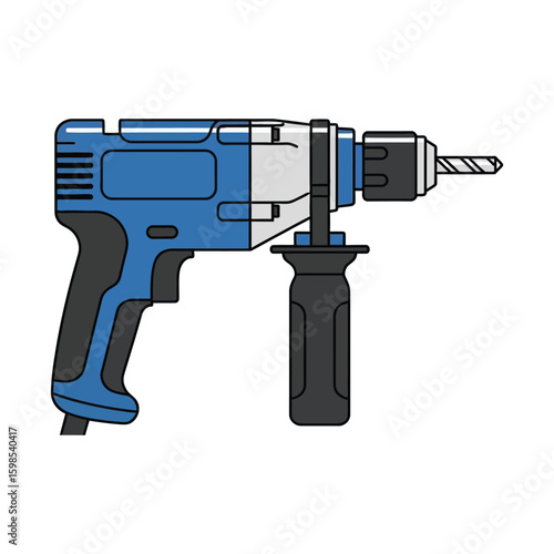 A blue and grey corded electric hammer drill power tool illustration with an auxiliary handle.