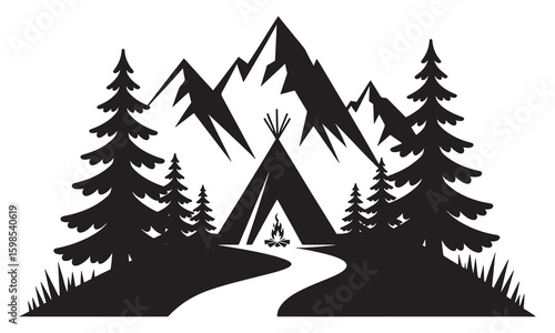 Black silhouette of a campsite with teepee mountains and pine trees camping