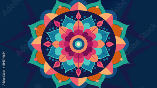 A mandala with a central point surrounded by layers of intricate shapes and colors intended to provide visual stimulation and improve focus.. Vector illustration