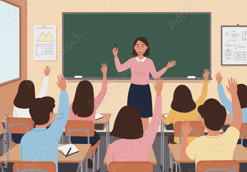Enthusiastic teacher leads engaging classroom lesson, students actively participate with raised hands.