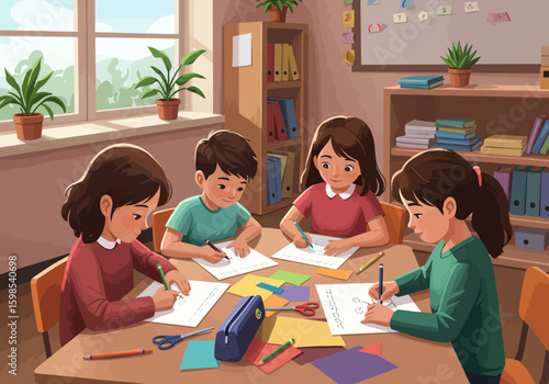 Four children seated at a classroom table, engaged in drawing and writing activities.