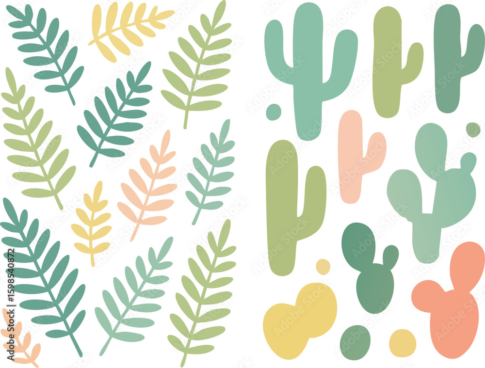 Obraz premium Colorful Botanical and Cactus Illustration with Pastel Tones.
