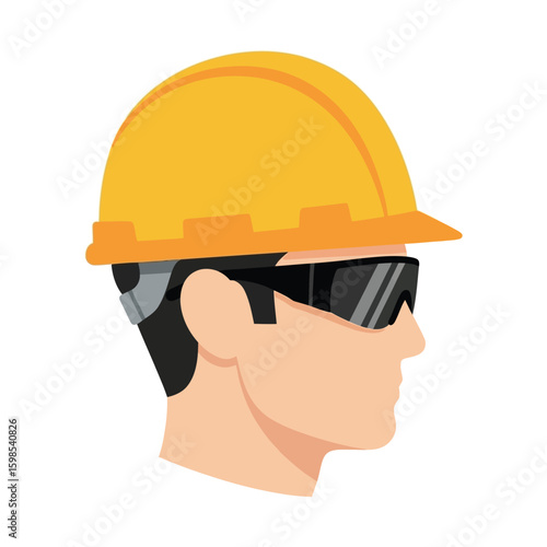 Person Wearing Safety Helmet and Glasses Profile View.