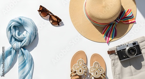 Overhead view of summer travel essentials, including accessories and clothing items.