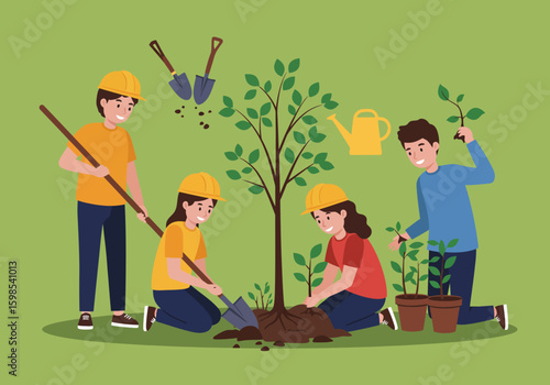 Group of volunteers planting a tree and seedlings, working together in nature.