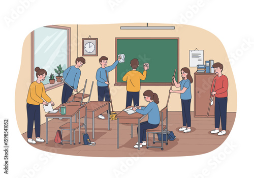 Students in a classroom setting, engaged in various learning activities with desks and chalkboard.