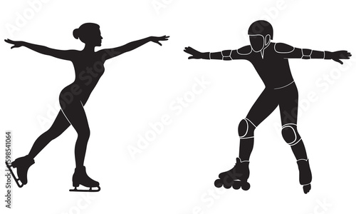 Black silhouette of figure skater and rollerblader on white background roller skates