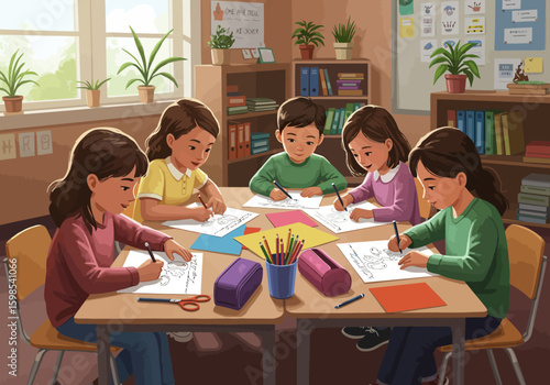 Children collaboratively working at a table in a bright, inviting classroom setting, drawing.