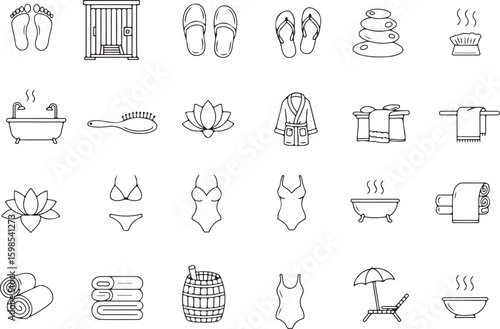 Spa and Relaxation Icons Pack, Self-Care and Wellness Vector Set, Sauna, Bathrobe, Slippers, Brush, Towels, Bathtub, Foot Basin, Flip-Flops, Steaming Bowl, Stones