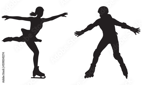 Female figure skater and male rollerblader silhouettes in motion figure skating rollerblading