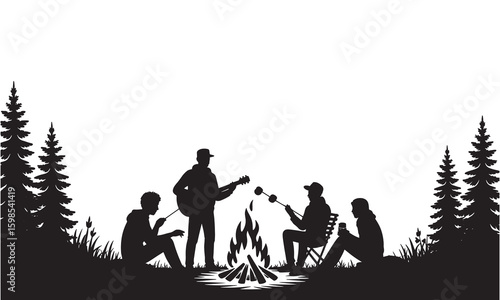 Silhouette of friends gathered around a campfire playing guitar and roasting marshmallows