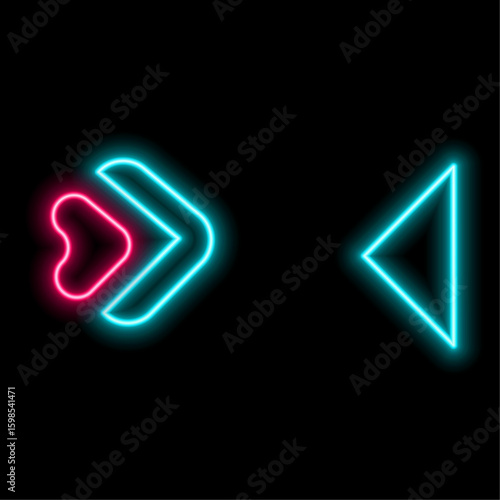 Blue glowing neon arrow direction on black background. Left blue arrow for road direction. Modern simple arrows. Digital arrow pointing to the left in red color. Vector illustration.