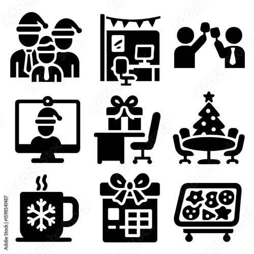 Office Holiday Icons. Solid style icons of office holiday parties: coworkers in hats, decorated cubicle, group with toast, festive