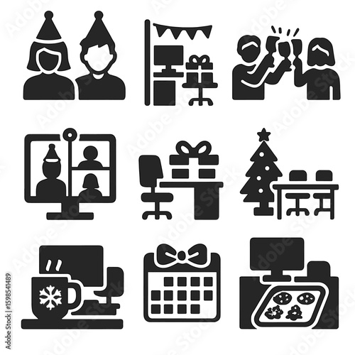 Office Holiday Icons. Solid style icons of office holiday parties: coworkers in hats, decorated cubicle, group with toast, festive