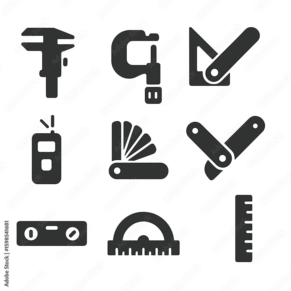 Precision Tool Icons. Solid style icons of precision tools: caliper, micrometer, combination square, laser measure, feeler gauge, Precision Tool Icons. Solid style icons of precision tools: caliper, micrometer, combination square, laser measure, feeler gauge,