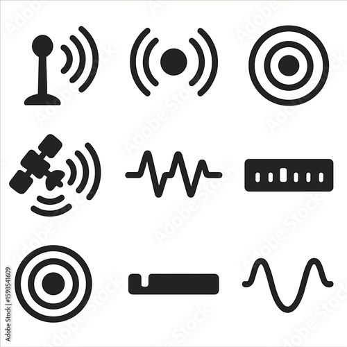 Broadcast Signal Icons. Solid style icons of radio waves and broadcasting signals: antenna with wave burst, radio mod signal,