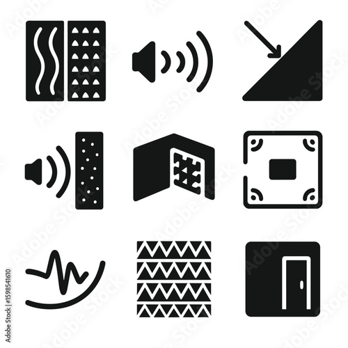 Acoustic Control Icons. Solid style icons of soundproofing and acoustic control: foam panel wave block, echo reduction line, sound