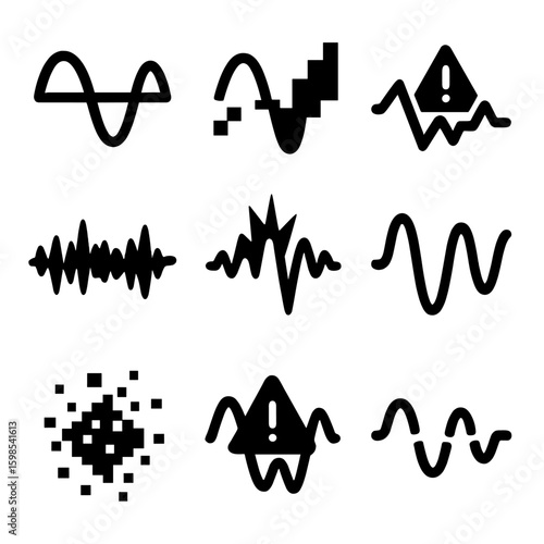 Audio Glitch Icons. Solid style icons of digital glitch and audio error: wave cutoff line, pixelated signal curve, audio crash