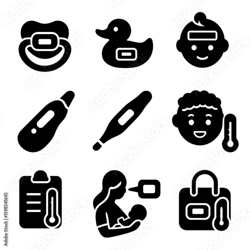 Baby Thermometer Icons. Solid style icons of baby care thermometers: baby pacifier thermometer, duck bath thermometer, forehead