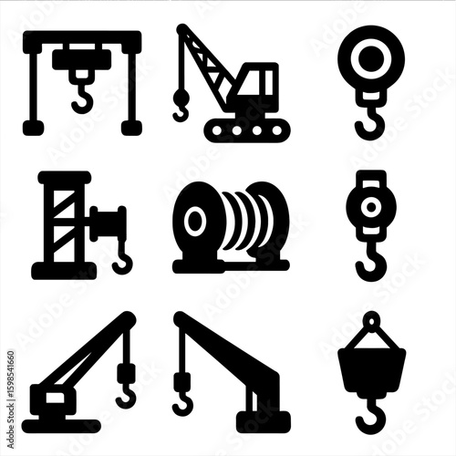 Cranes and Rigging Icons. Solid style icons of cranes and rigging: overhead crane, crawler crane, floating crane, tower winch,