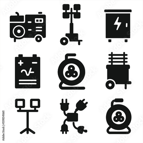 Construction Power Icons. Solid style icons of construction lighting and power: diesel generator, floodlight tower, electrical