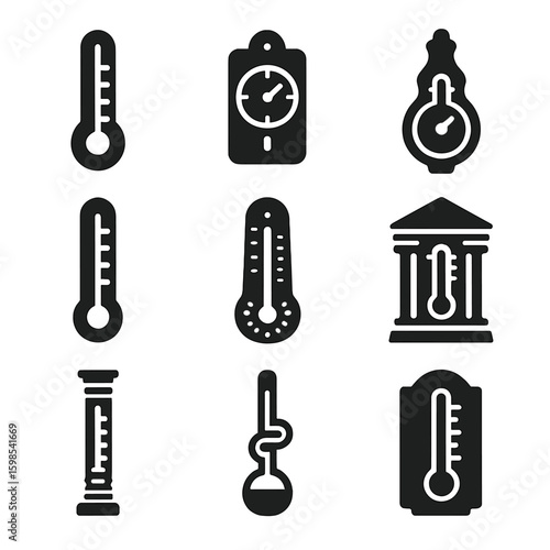 Historical Thermometer Icons. Solid style icons of legacy and historical thermometer styles: antique glass thermometer, hanging