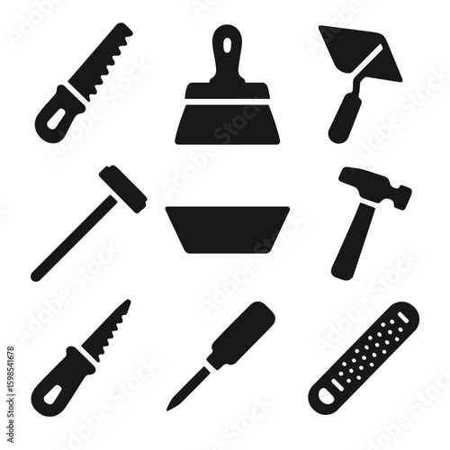 Drywall Tools Icons. Solid style icons of drywall tools: drywall saw, taping knife, corner trowel, sanding pole, mud pan, drywall