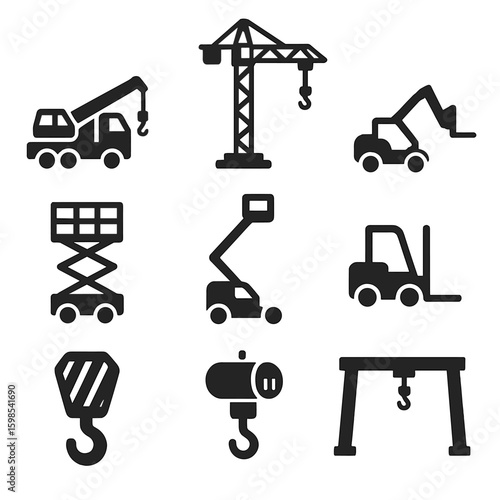 Lifting Equipment Icons. Solid style icons of lifting and hoisting machines: mobile crane, tower crane, telescopic handler,