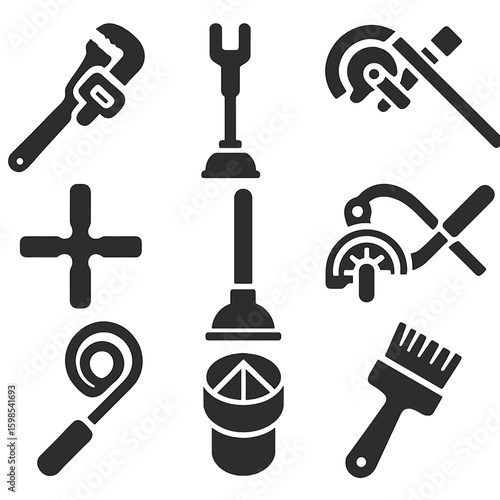 Plumbing Tools Icons. Solid style icons of plumbing hand tools: pipe wrench, basin wrench, pipe cutter, plunger, faucet key,