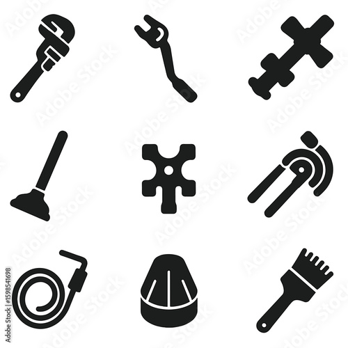 Plumbing Tools Icons. Solid style icons of plumbing hand tools: pipe wrench, basin wrench, pipe cutter, plunger, faucet key,