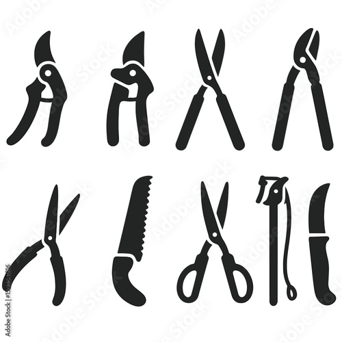 Garden Tool Icons. Solid style icons of pruning and cutting tools: bypass pruners, anvil pruners, hedge shears, lopper, grass