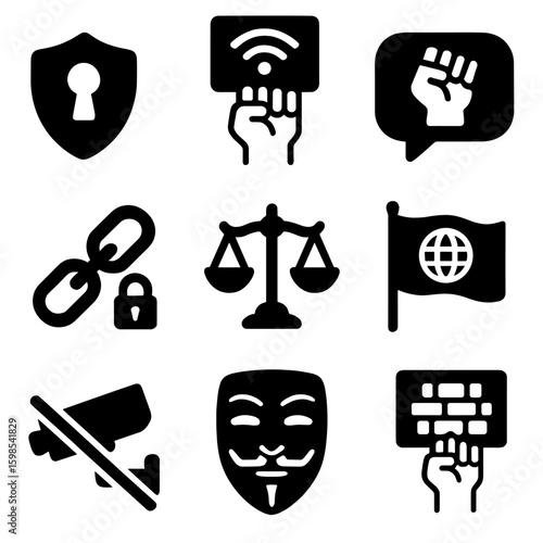 Digital Rights Icons. Solid style icons of digital rights and freedom: data privacy icon, net neutrality protest, online protest
