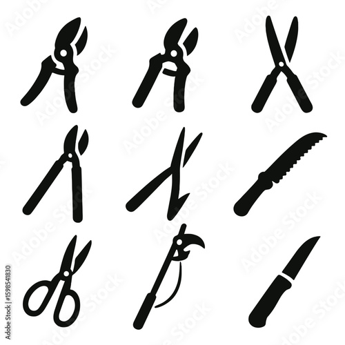 Garden Tool Icons. Solid style icons of pruning and cutting tools: bypass pruners, anvil pruners, hedge shears, lopper, grass