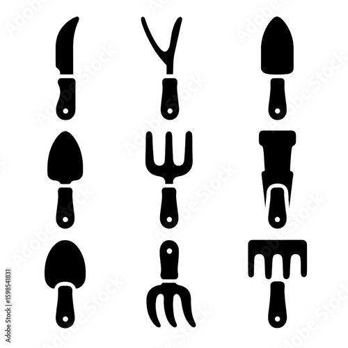 Gardening Tools Icons. Solid style icons of small hand tools set: garden knife, weeder, transplanter, trowel, mini fork, bulb