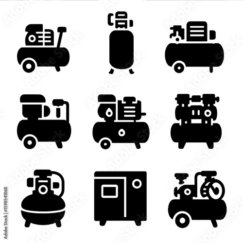 Air Compressor Icons. Solid style icons of basic air compressor types: portable compressor, vertical tank compressor, horizontal