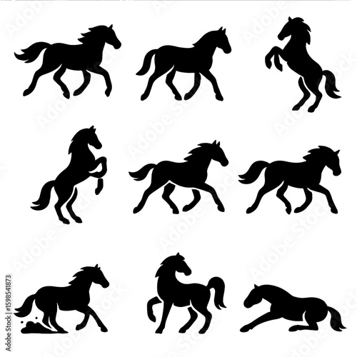Dynamic Horse Icons. Solid style icons of horses in motion: galloping horse, trotting horse, walking horse, rearing horse, jumping
