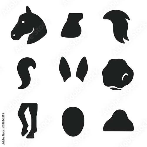 Horse Parts Icons. Solid style icons of horse body parts: horse head, hoof, mane, tail, ears, muzzle, legs, flank, withers. No