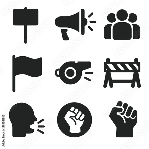Protest Elements Icons. Solid style icons of protest and demonstration elements: protest sign, loudspeaker, crowd of people,