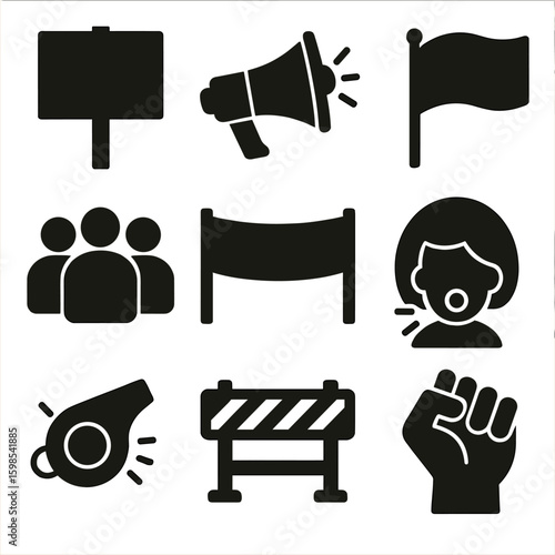 Protest Elements Icons. Solid style icons of protest and demonstration elements: protest sign, loudspeaker, crowd of people,