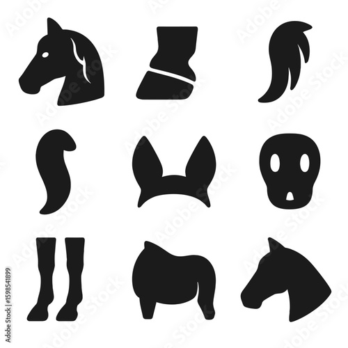 Horse Parts Icons. Solid style icons of horse body parts: horse head, hoof, mane, tail, ears, muzzle, legs, flank, withers. No
