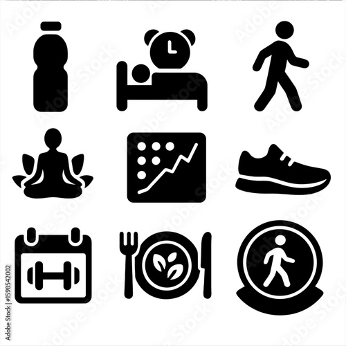 Healthy Lifestyle Icons. Solid style icons of healthy lifestyle habits: water bottle, 8 hours sleep, walk icon, mindfulness symbol