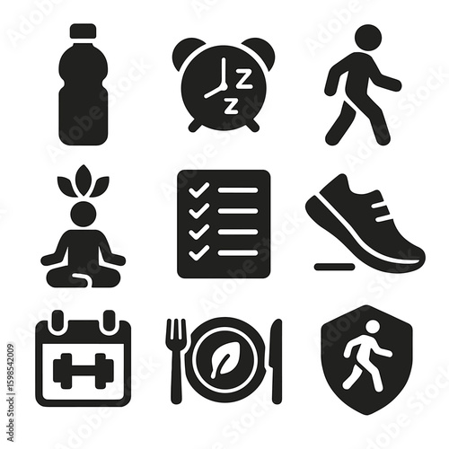Healthy Lifestyle Icons. Solid style icons of healthy lifestyle habits: water bottle, 8 hours sleep, walk icon, mindfulness symbol