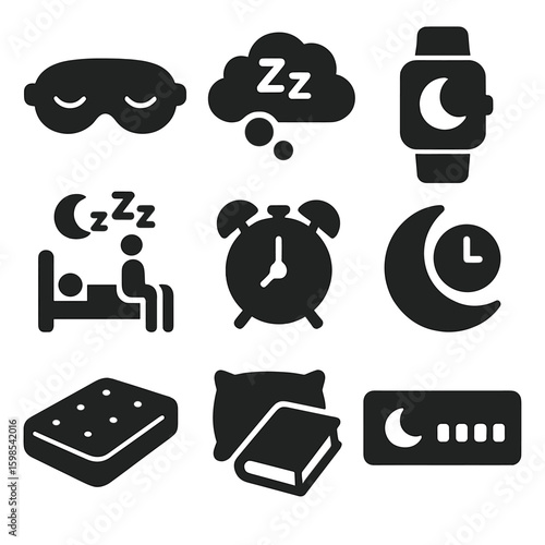 Sleep Icons Collection. Solid style icons of sleep and rest: sleep mask, Zzz cloud, sleep tracker, night routine icon, bedtime