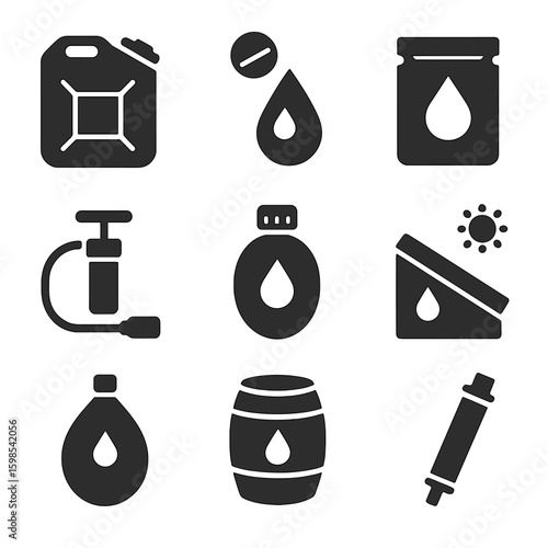 Emergency Water Supply Icons. Solid style icons of emergency and survival water supplies: collapsible water container,