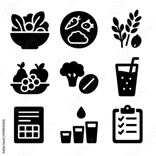 Nutrition Icon Collection. Solid style icons of nutrition and healthy eating: salad bowl, balanced plate, whole grains icon, fruit