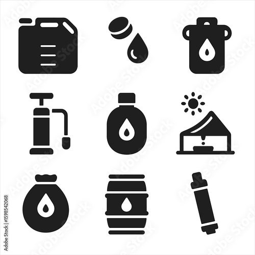 Emergency Water Supply Icons. Solid style icons of emergency and survival water supplies: collapsible water container,