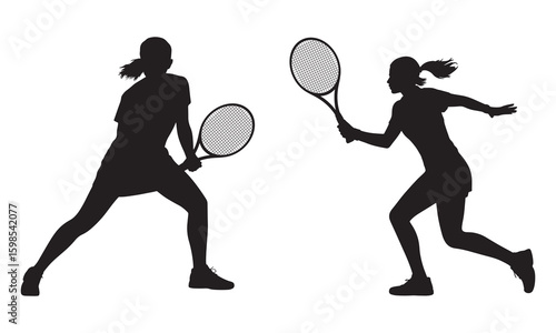 Two female tennis players in silhouette playing a match on white background sport