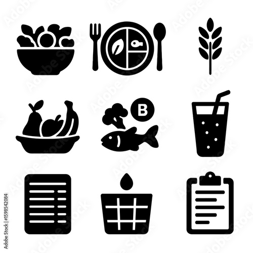 Nutrition Icon Collection. Solid style icons of nutrition and healthy eating: salad bowl, balanced plate, whole grains icon, fruit
