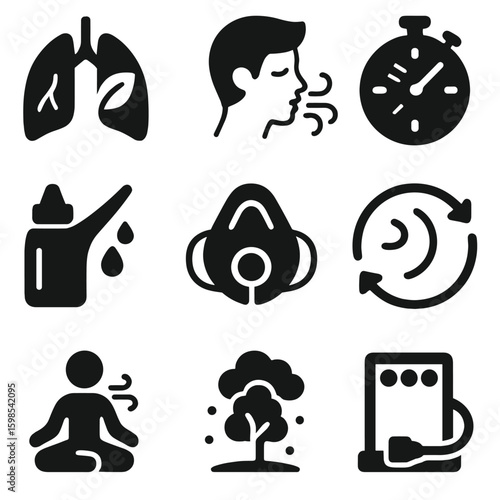 Respiratory Wellness Icons. Solid style icons of breathing and respiratory wellness: lung with leaf, deep breath icon, breath