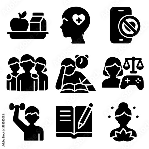 Youth Wellness Icons. Solid style icons of youth and teen wellness: school lunch icon, mental health for youth, peer support group